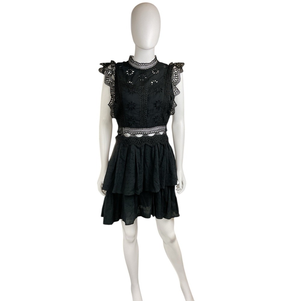 Entro Medium‎ Black Eyelet Lined Tiered Ruffle  Crochet Boho Dress